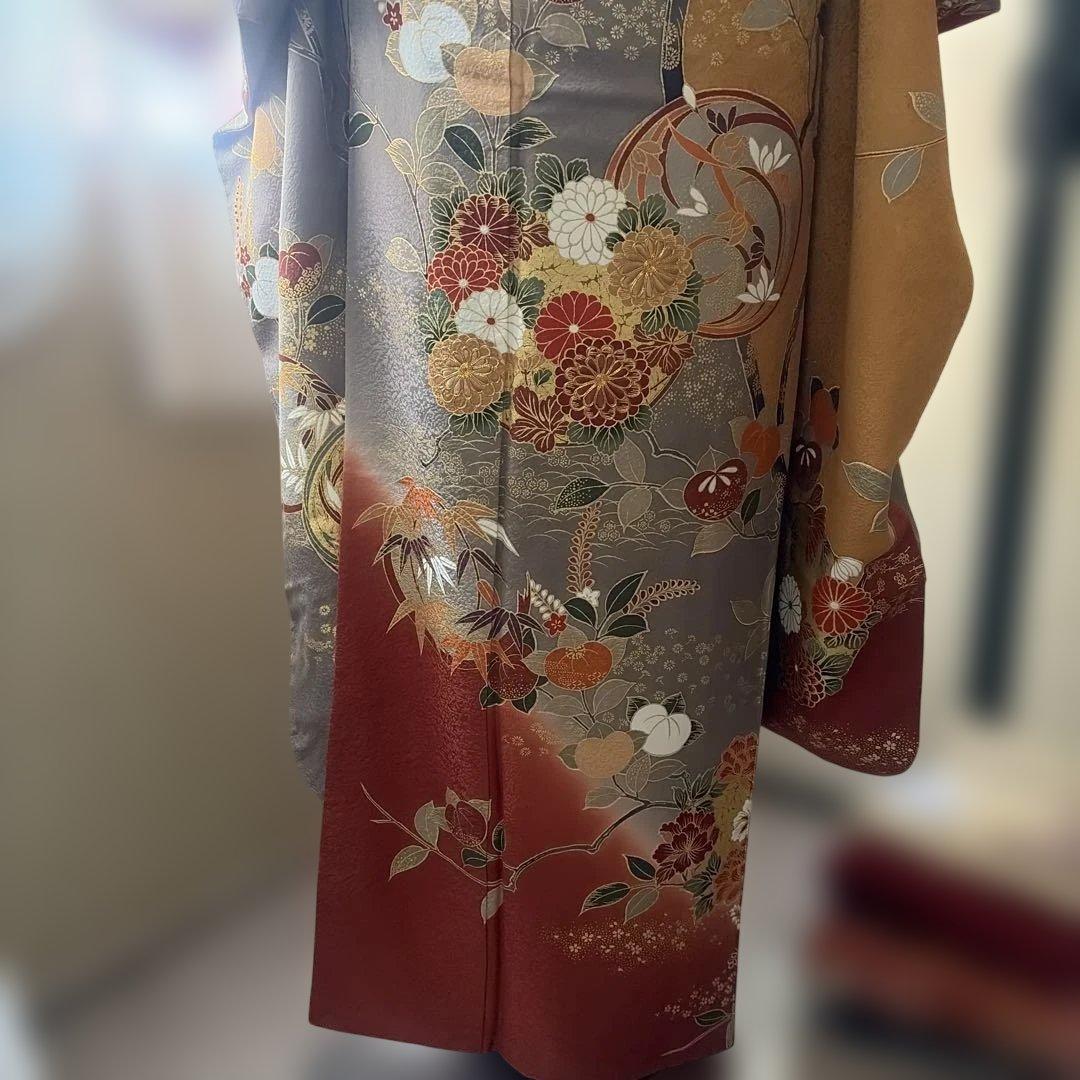 と*ん様 【美品】京友禅 大人の振袖 金茶/グレー/えんじ/古典柄