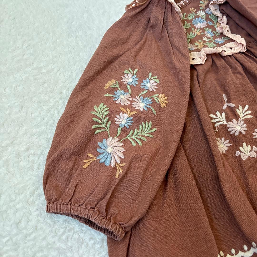 アポリナ　長袖　ワンピース　刺繍　2-3y 90 95 100 ブラウン　茶