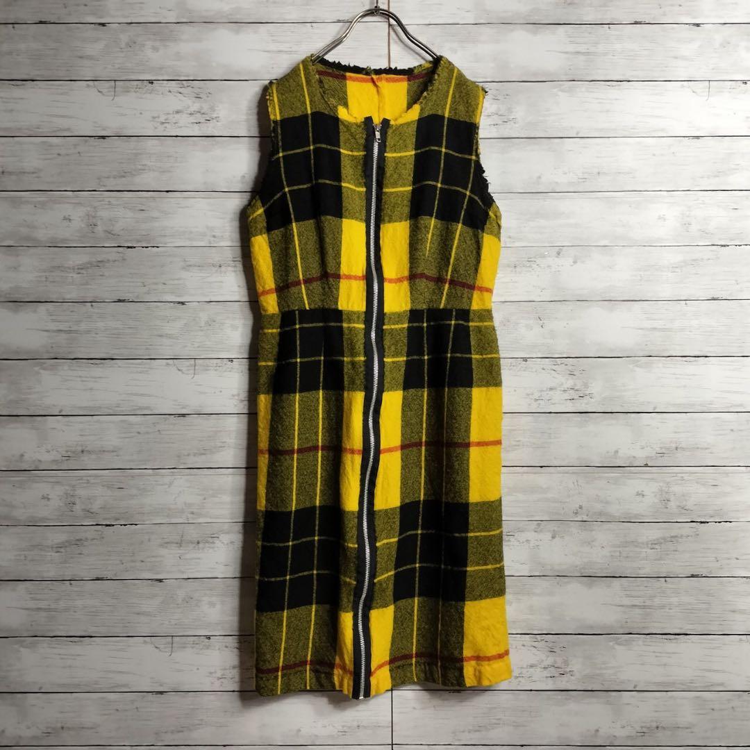 00年 オールドコムデギャルソン チェック柄ひざ丈ワンピース ジップ ウール